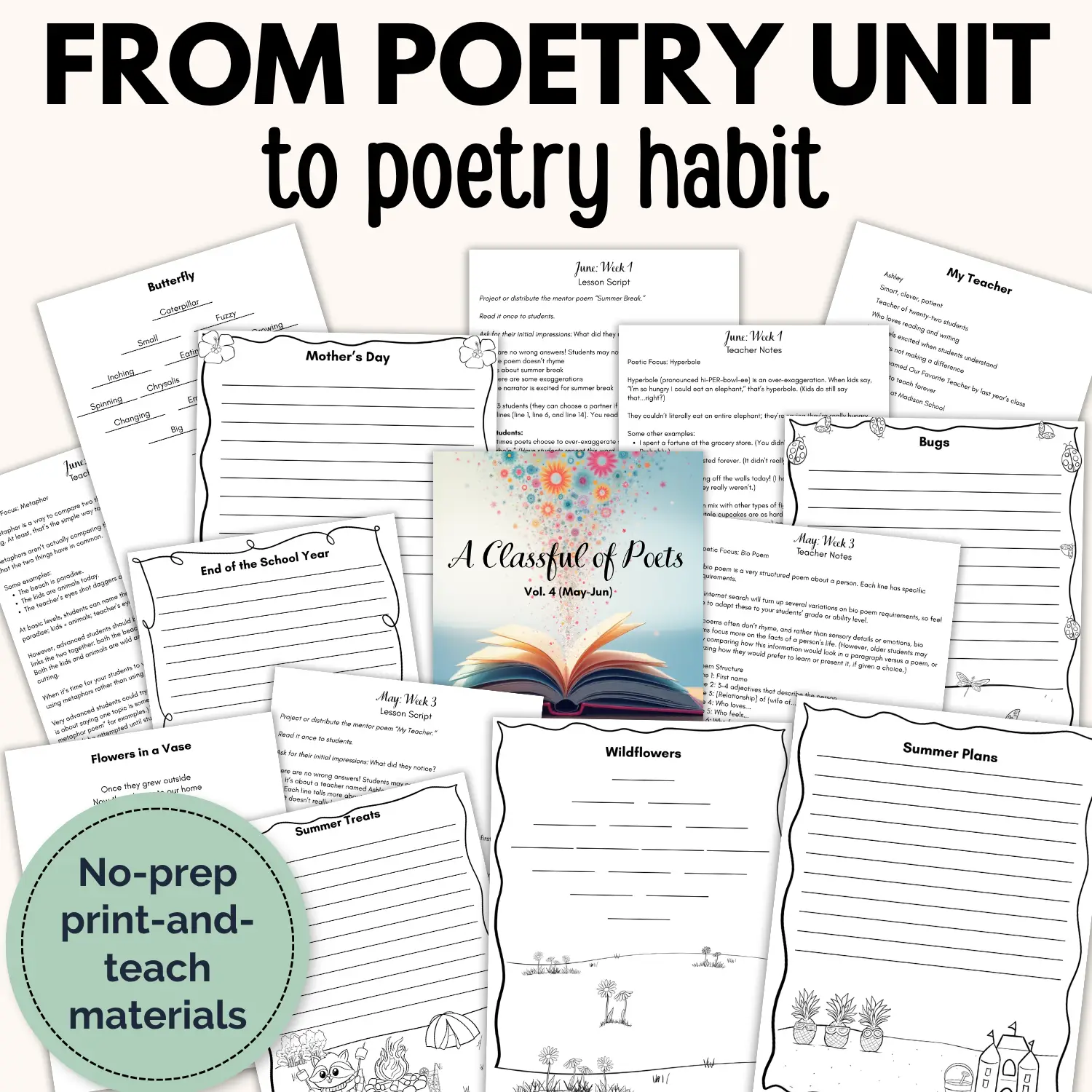 A spread of pages included in A Classful of Poets volume 4 including original mentor poems, student writing templates, lesson scripts, and teacher notes