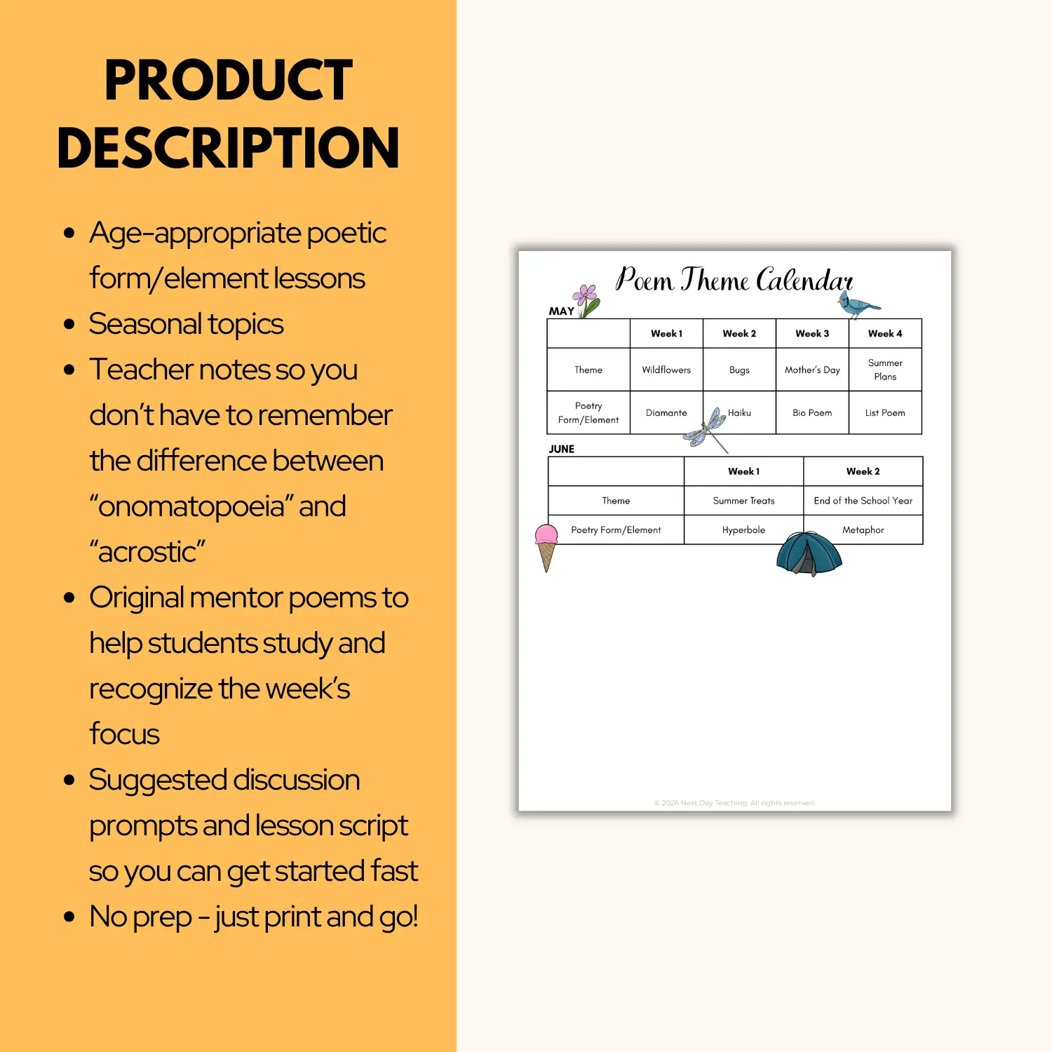A calendar for teaching end of year poetry lessons from May through June