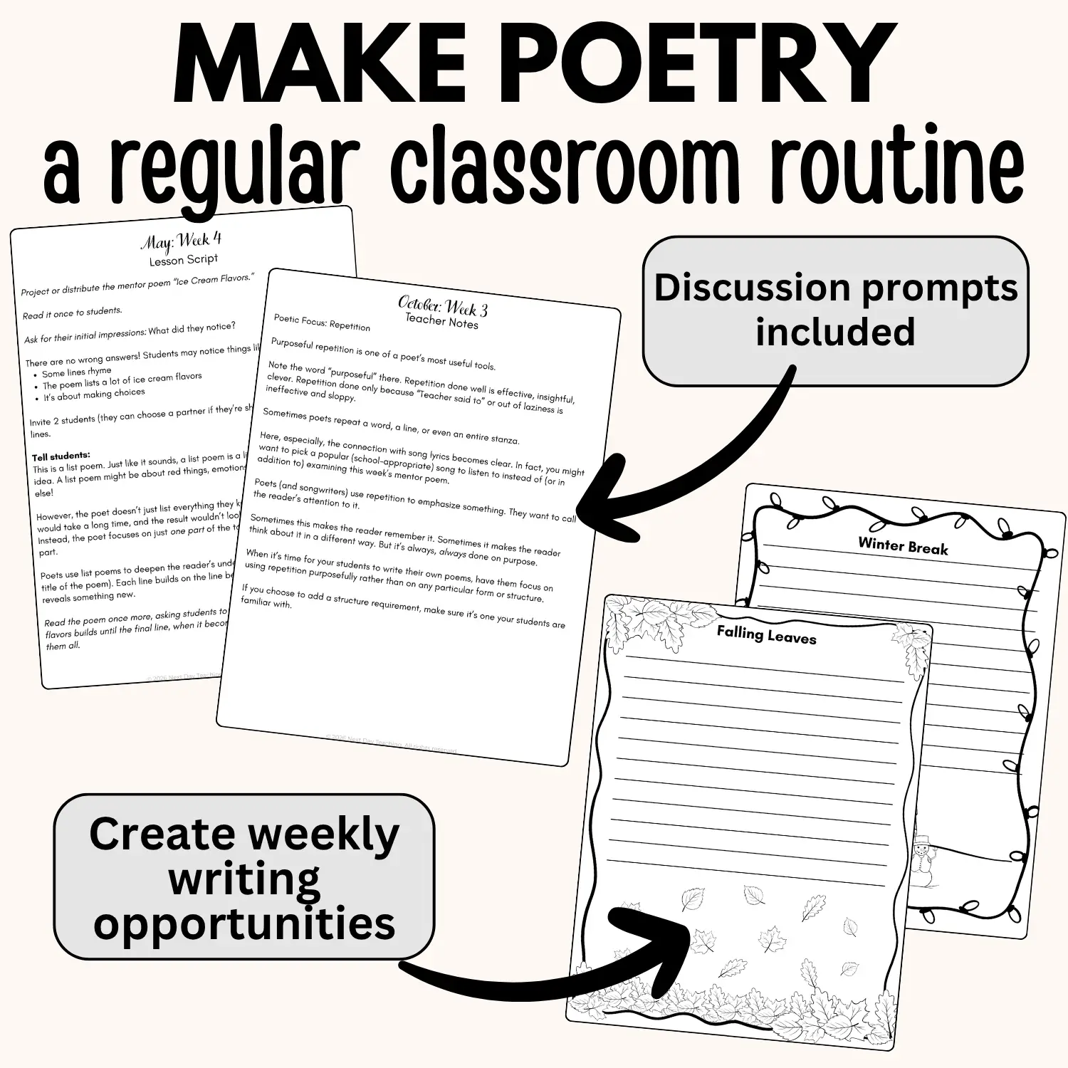 Sample pages included in a yearlong poetry curriculum for grades 3-8 including lesson scripts with discussion prompts and student templates for weekly writing opportunities