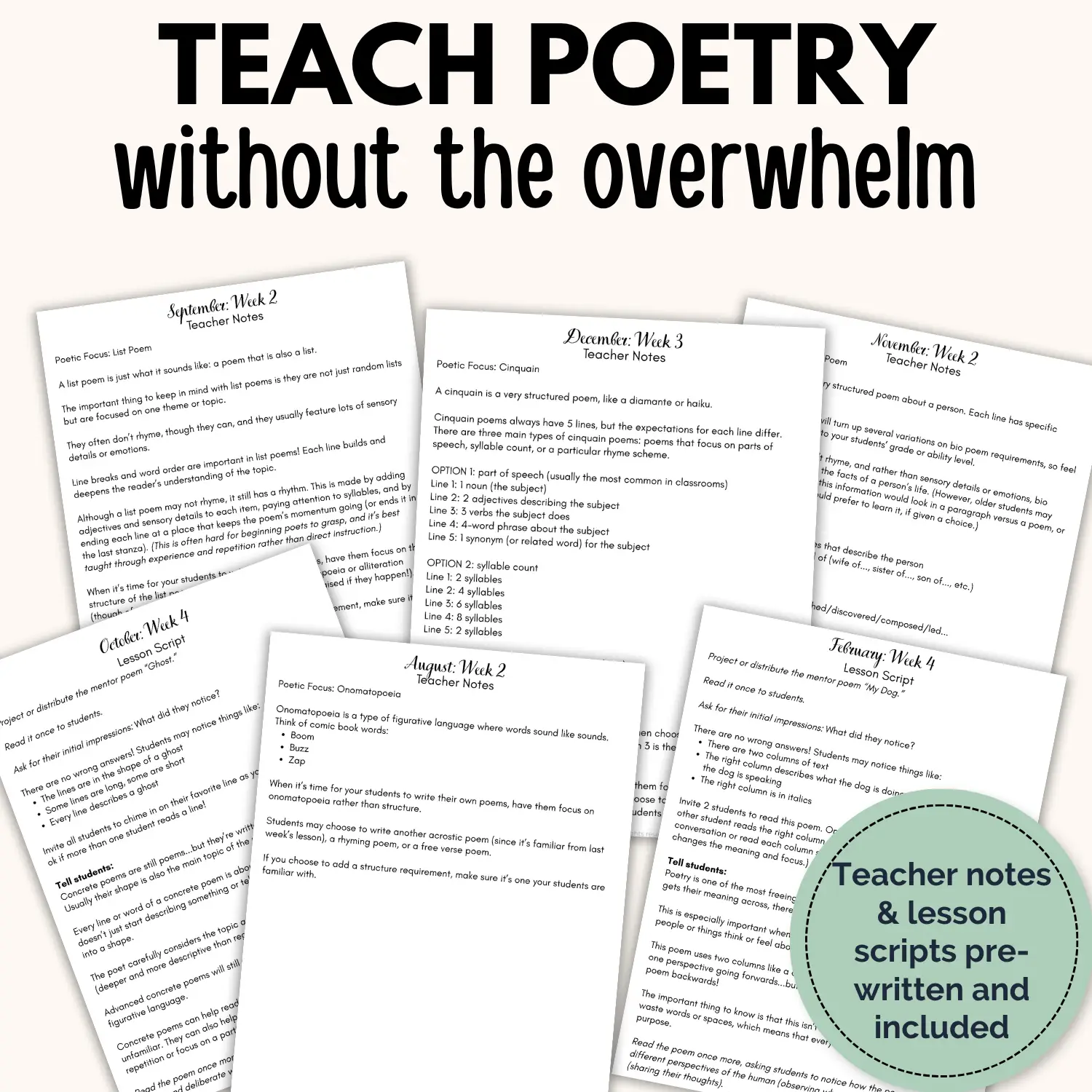 A spread of pages included in the yearlong poetry curriculum for grades 3-8 including teacher notes and lesson scripts