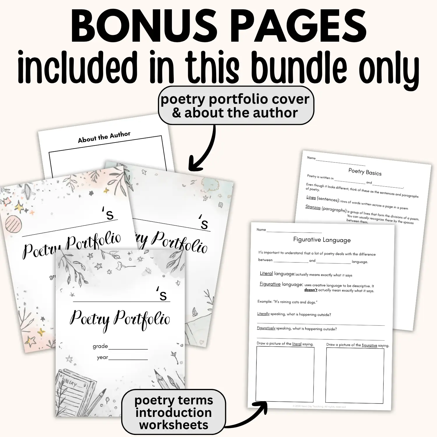 Bonus pages included only in the yearlong poetry curriculum for grades 3-8 including poetry term introduction worksheets and poetry portfolio cover options and an about the author template
