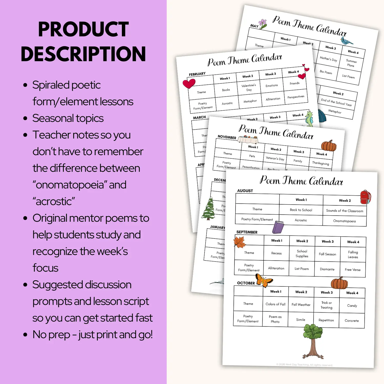 A calendar for teaching a yearlong poetry curriculum for grades 3-8 from August through June