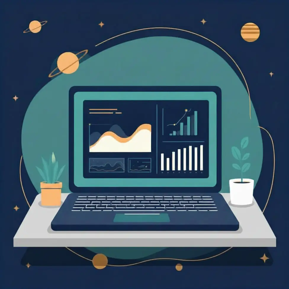 An AI-generated illustration featuring an open laptop on a floating desk surface before a background of stars, planets, and lines