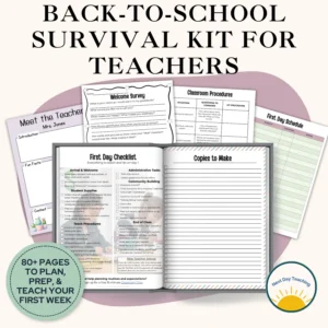A spread of pages included in the back to school survival kit to help teachers plan and prepare for the first day and week of school including a first day checklist, copies to make checklist, welcome survey, meet the teacher page, classroom procedures page, and first day schedule printable, featuring more than 80 pages to help teachers prep, plan, and teach the first week of school