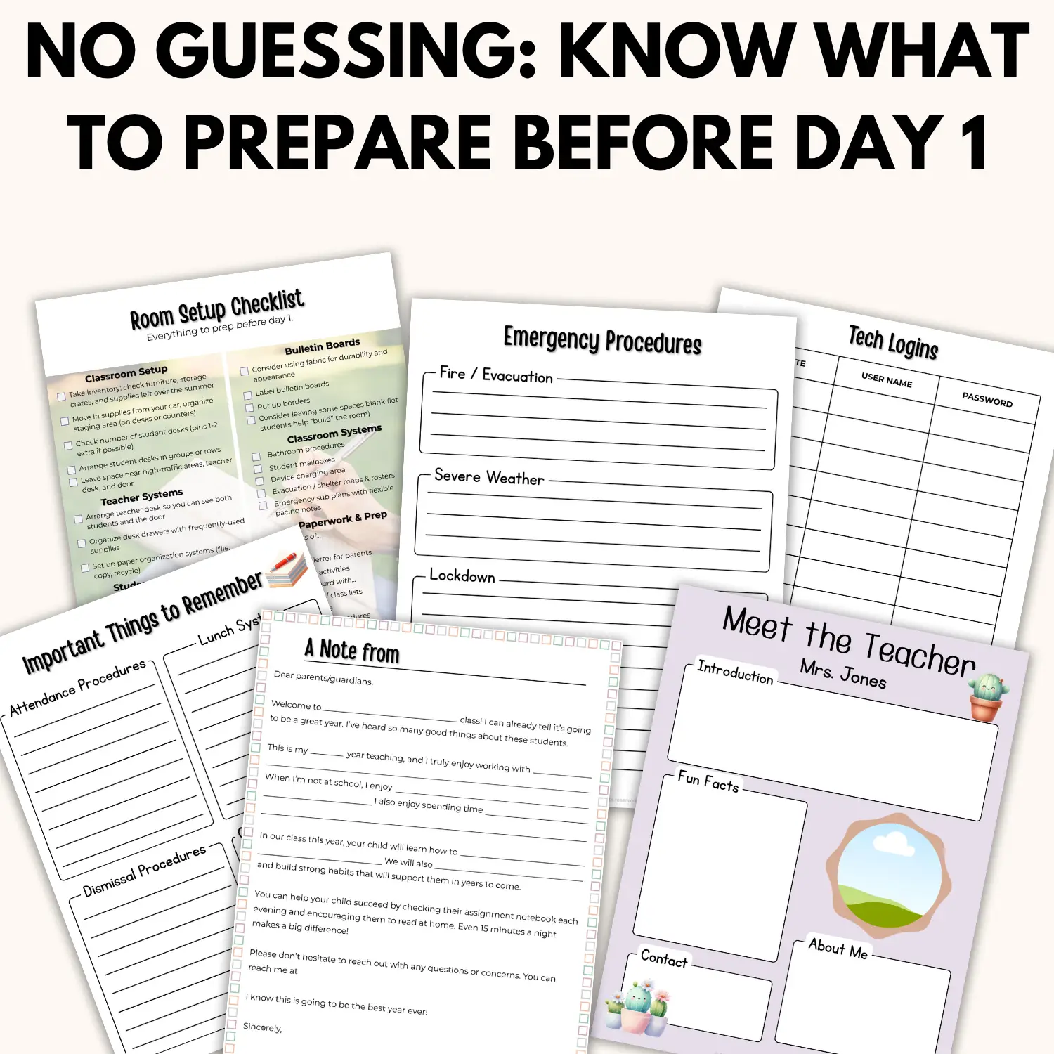 A spread of pages included in the back to school survival kit to help teachers know what to prepare for their classroom before day one including a meet the teacher page, tech login page, emergency procedure page, school policy page, parent letter note template, and classroom setup checklist