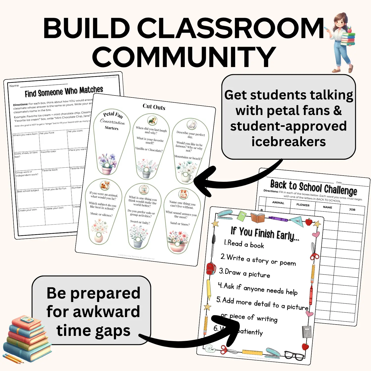 Several pages from the first week ready back to school survival kit for teachers including a conversation fan, find someone who icebreaker activity, early finisher poster, and time-filler activity