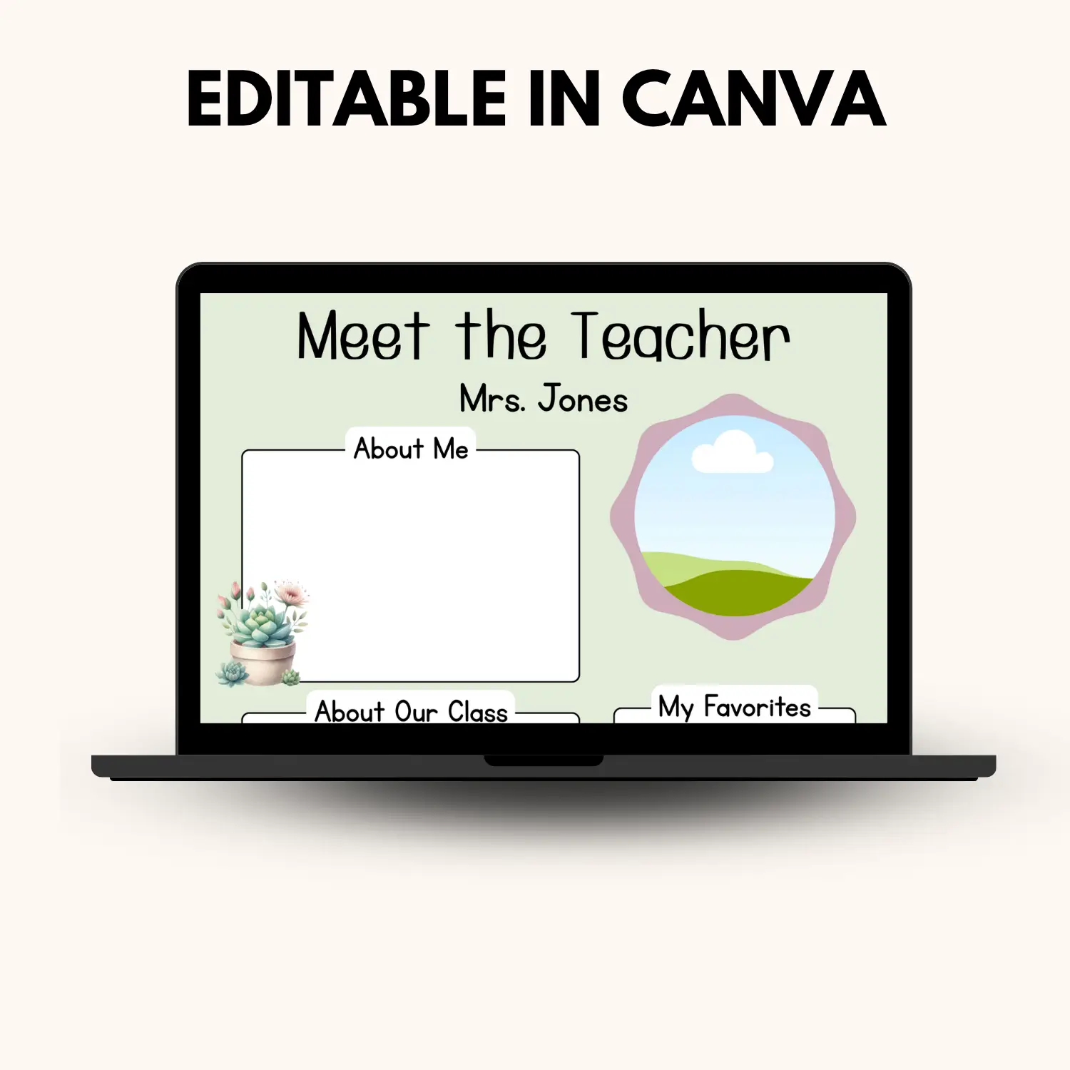 A mockup of a laptop with a meet the teacher page showing that the page is editable in Canva