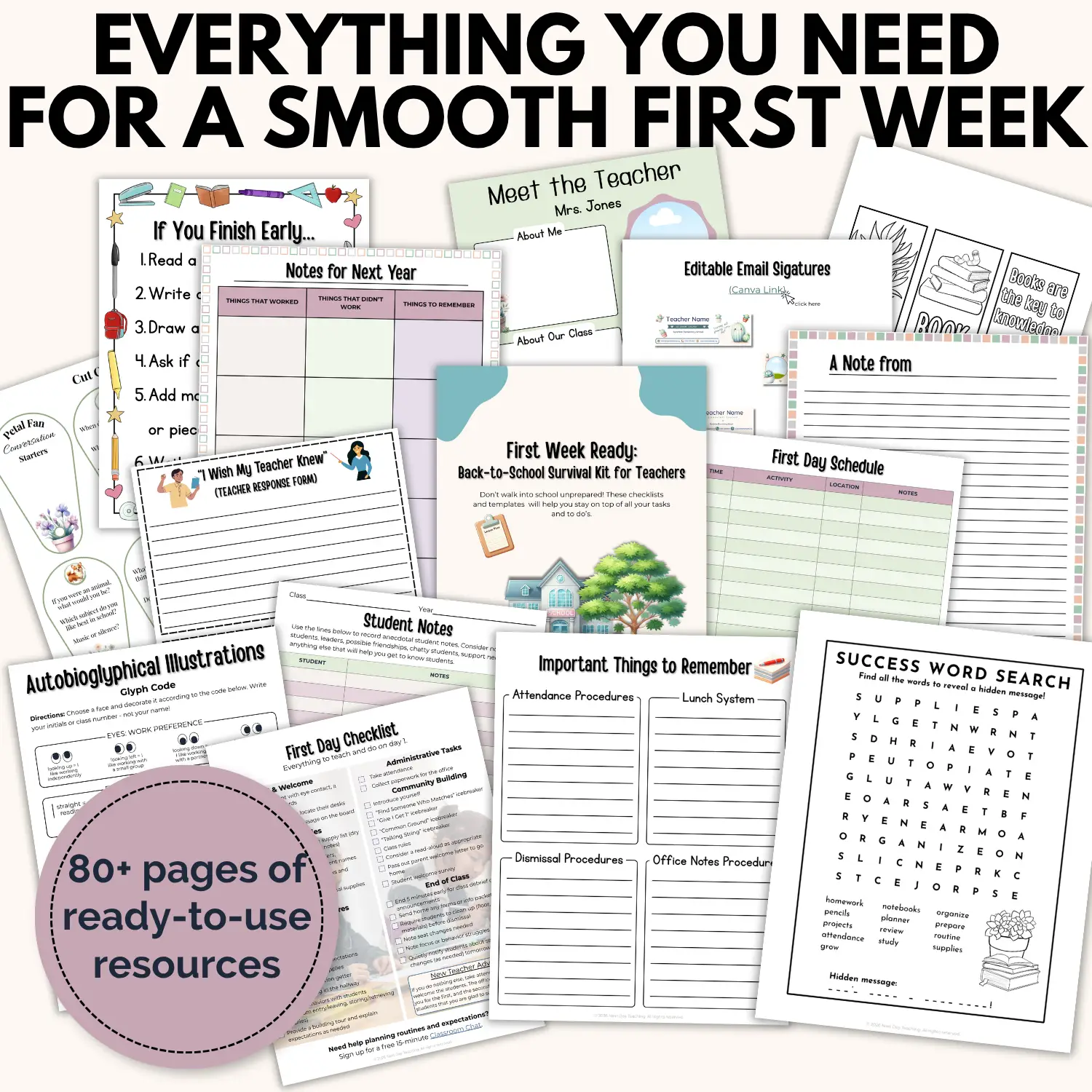 A spread of pages included in the back to school survival kit to help teachers plan and prepare for the first day and week of school showcasing procedures to remember, first day time fillers, activities for early finishers, printable bookmarks to color, and editable teacher email signatures
