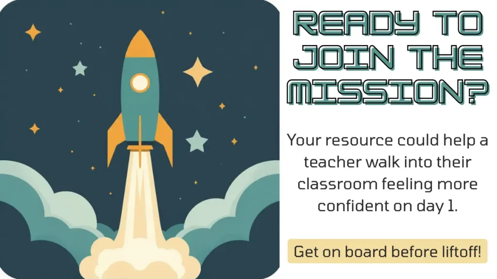 An AI-generated illustration of a rocket blasting off into the stars with text inspiring creators to join the Classroom Command Center bundle