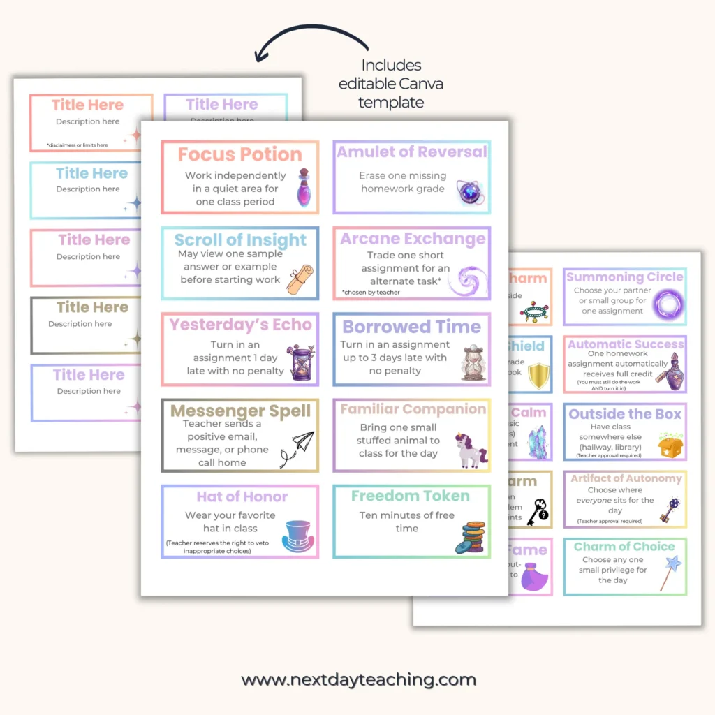 A mockup of classroom reward coupons for older students
