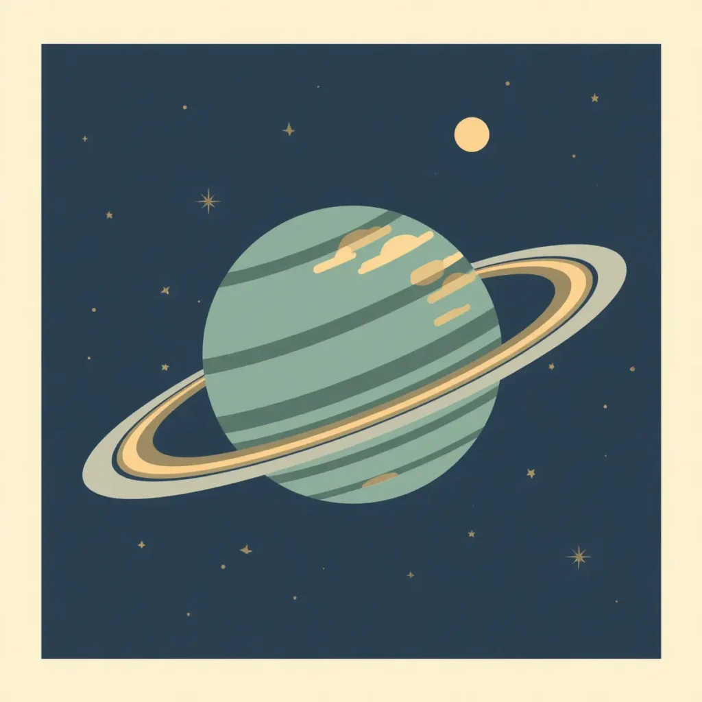 An AI-generated illustration of a ringed planet in outer space surrounded by stars