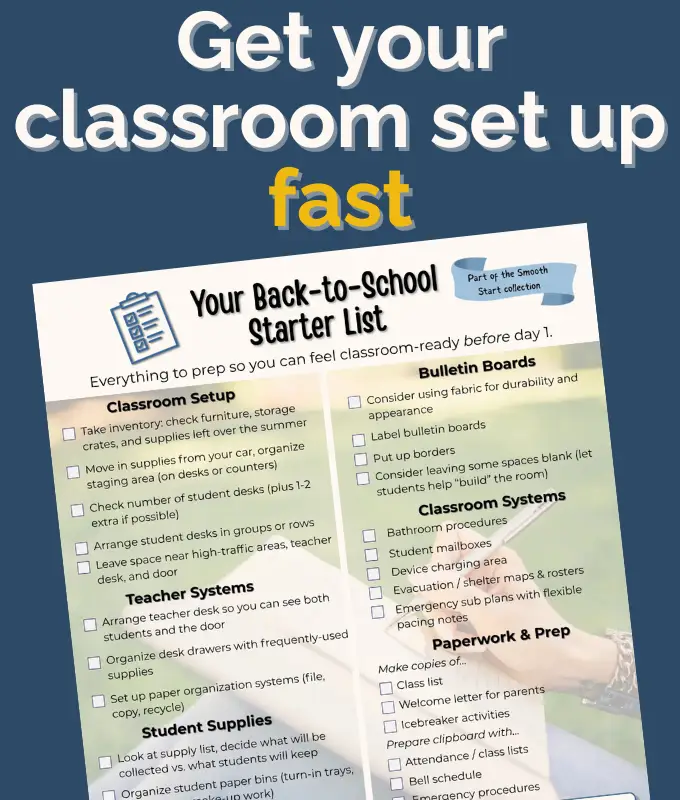 A checklist for back to school classrooms so teachers can get their rooms set up fast without forgetting small details