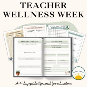 Scattered pages from a 7-day teacher wellness journal to help teachers reflect and reset during a 7-day period