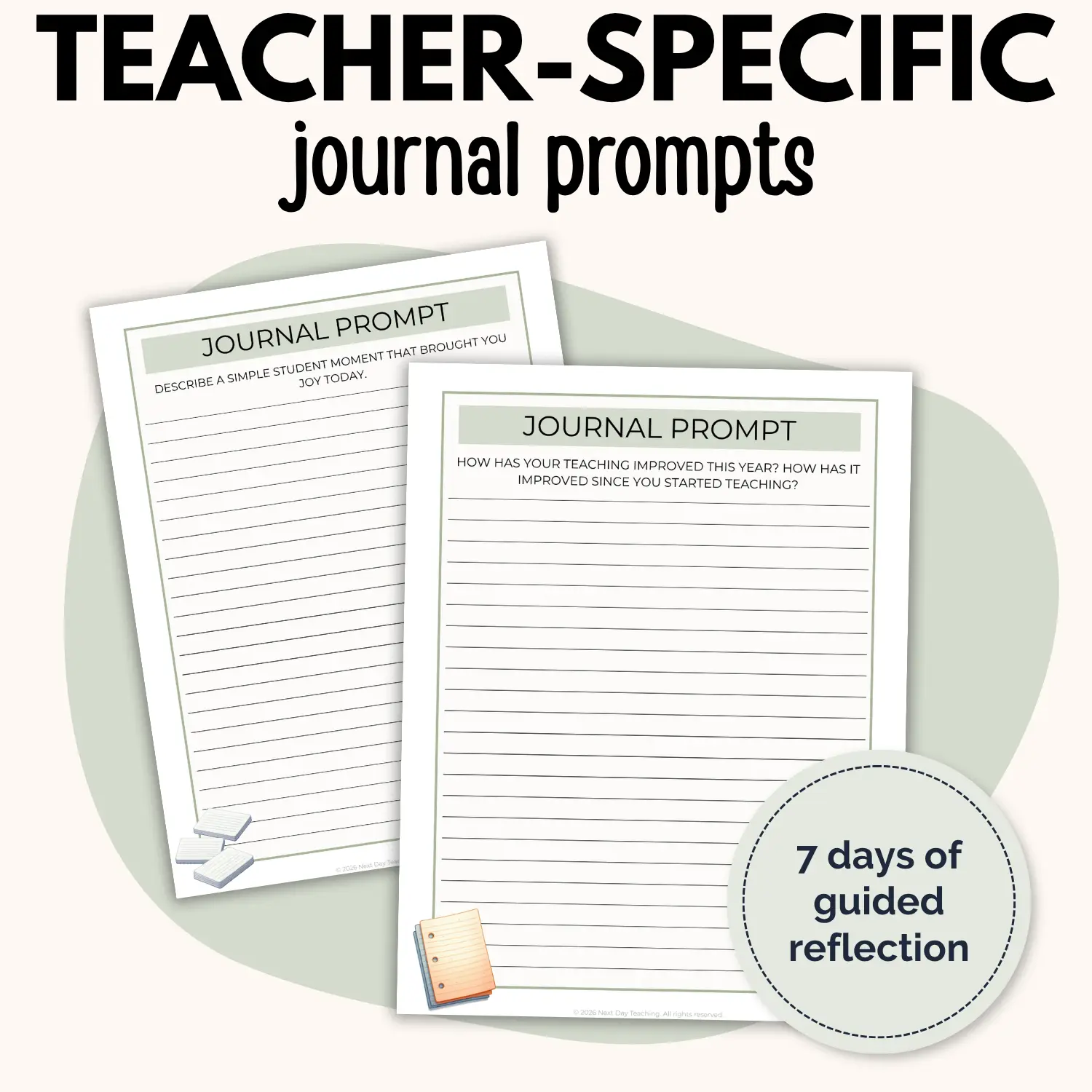 Two pages from the Teacher Wellness Week showing teacher-specific journal prompts