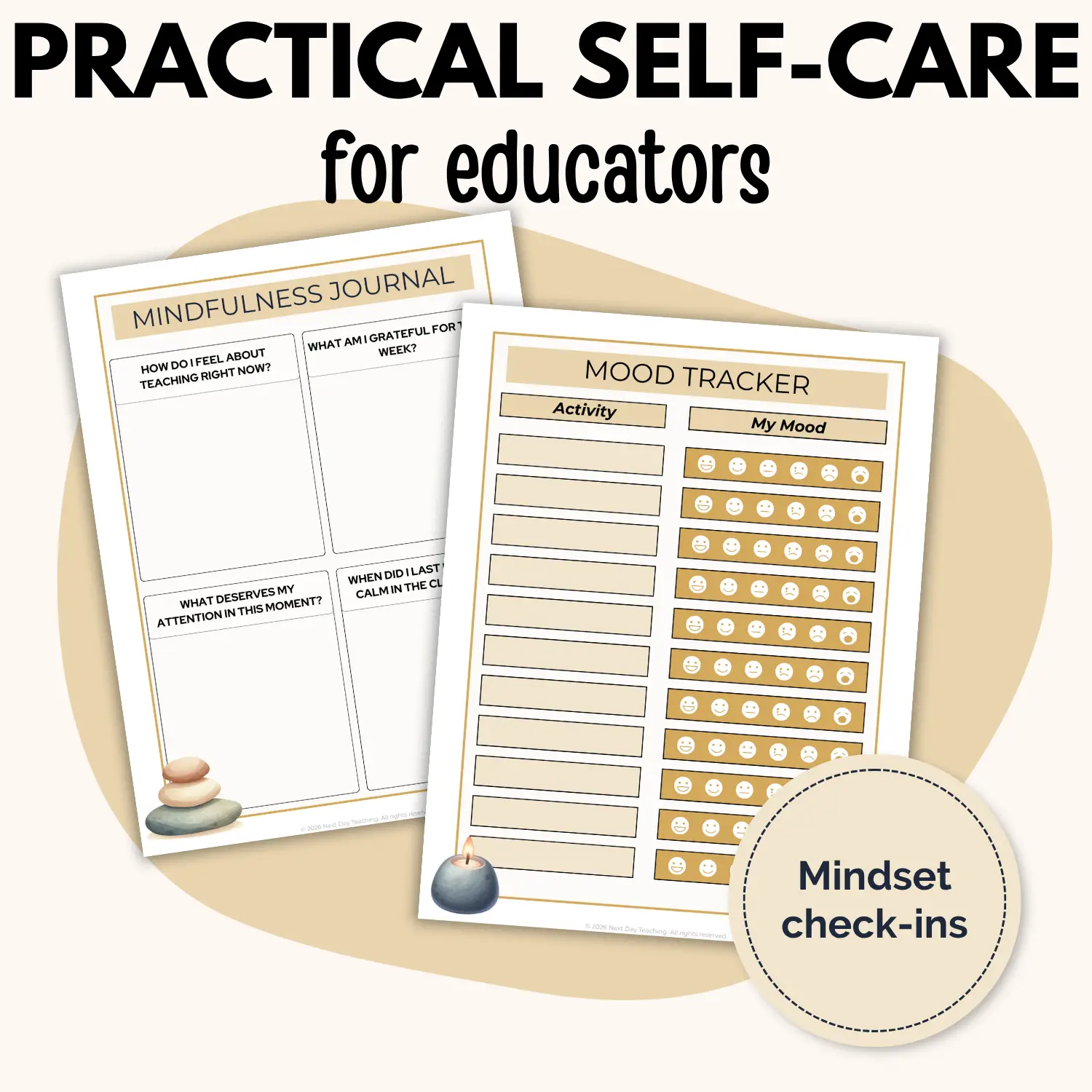 Two pages from the Teacher Wellness Week journal showing practical self-care trackers and ideas designed for teachers