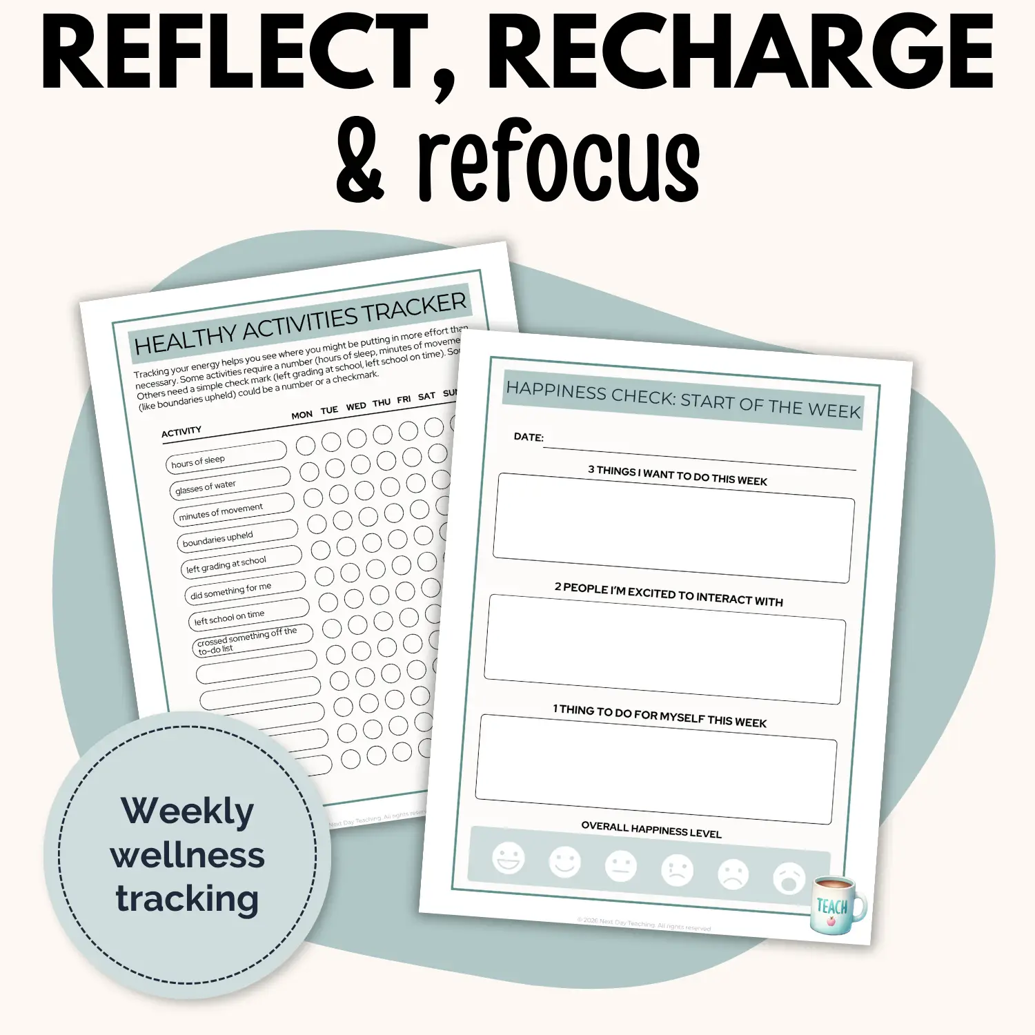 Two pages from the Teacher Wellness Week journal that encourage teachers to notice and track their happiness level and amount of healthy activities during the week