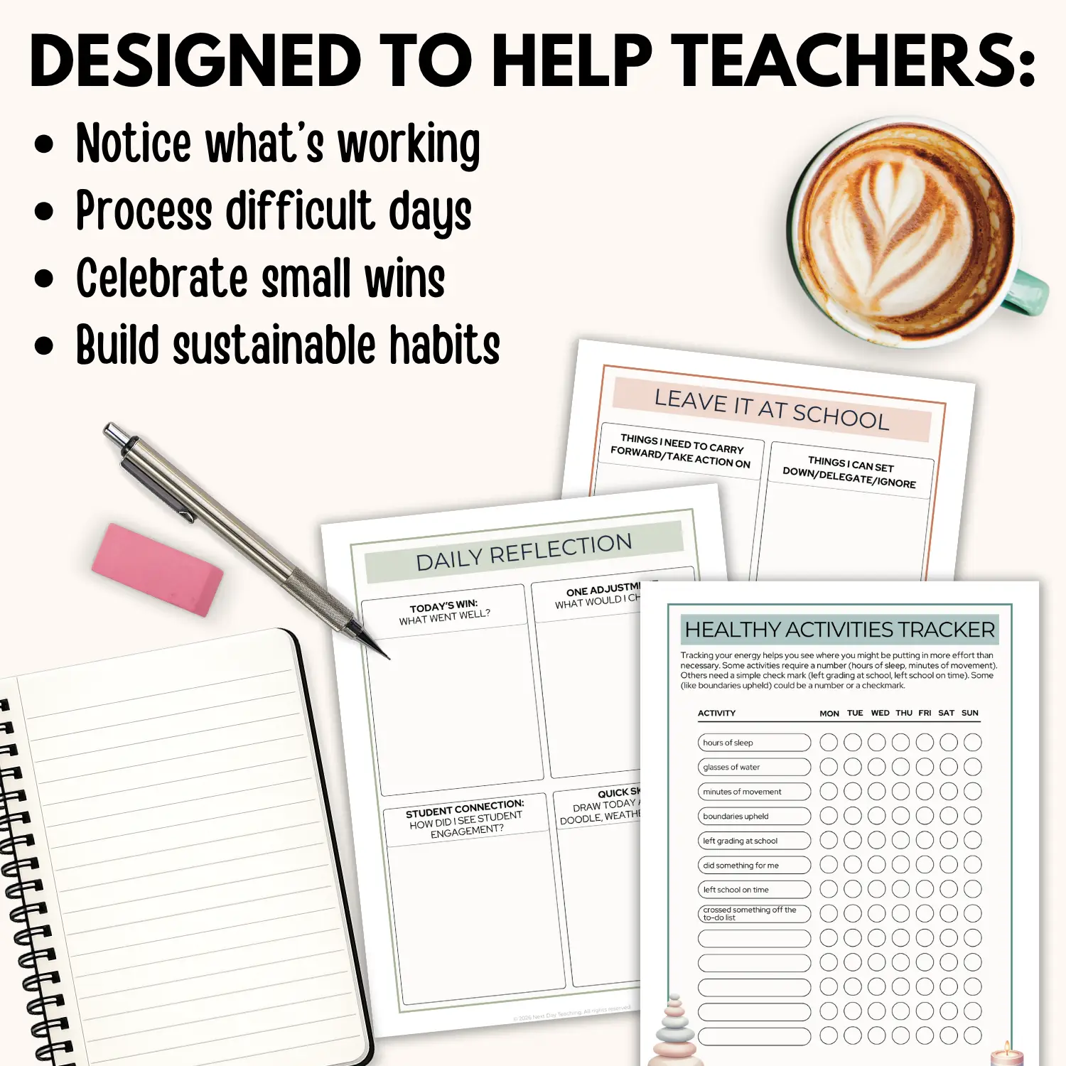A spread of pages from the Teacher Wellness Week, a journal designed to help teachers notices what's working, process difficult days, celebrate small wins, and build sustainable habits