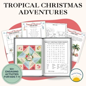 A spread of sample pages included in the tropical Christmas classroom activities set including a fortune teller, word search, logic puzzle, and several games