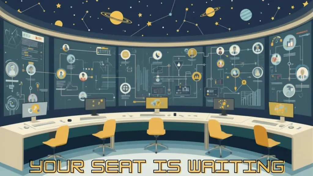 An AI-generated illustration of a curved desk with screens across the surface and planets and stars in the background with text "Your seat is waiting"