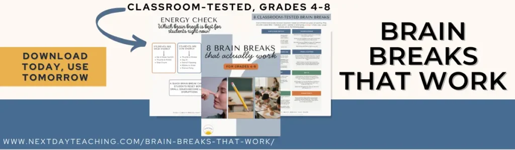 A banner showing a free guide for brain breaks that work for grades 4-8, including 8 brain breaks and an energy check flow chart.