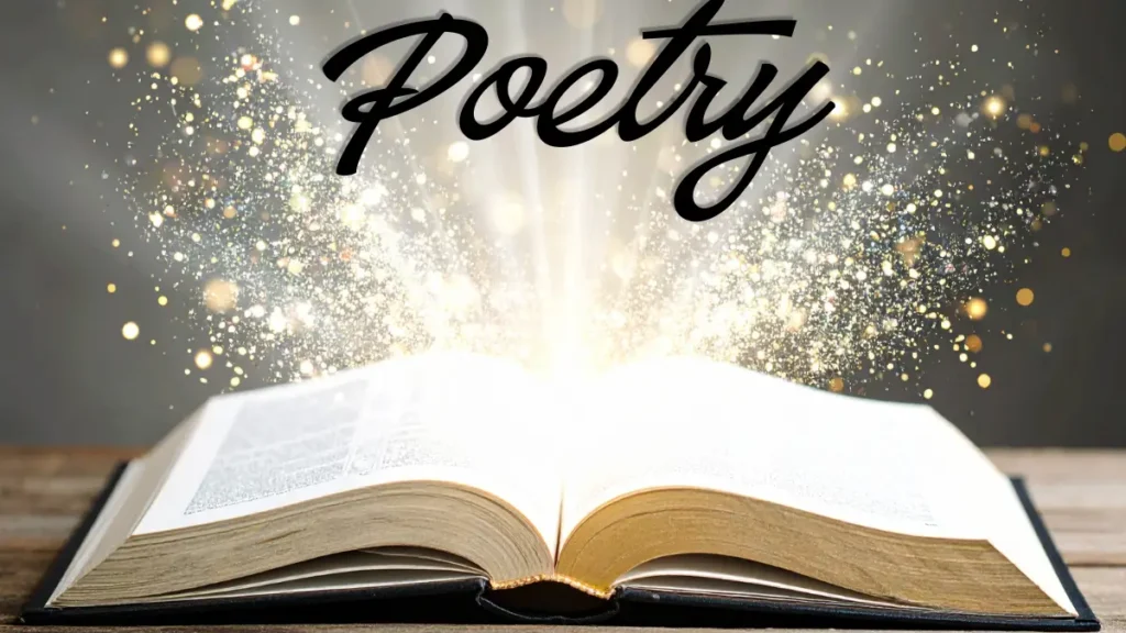 An open book with light and sparkles coming out and the word "poetry" in script above it all