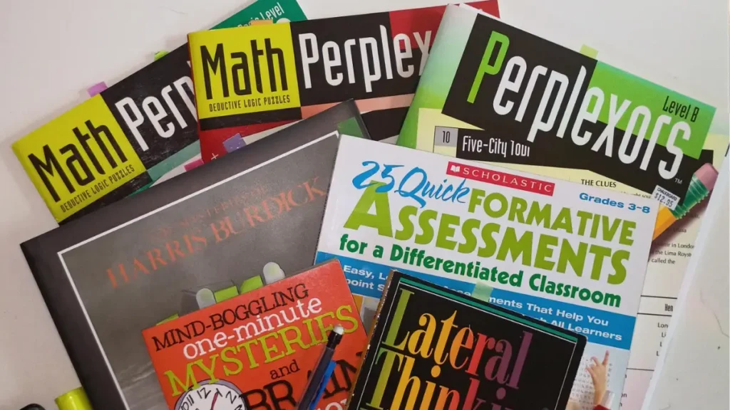A spread of early finisher critical thinking activity ideas including lateral thinking puzzles, one-minute mysteries, and perplexors
