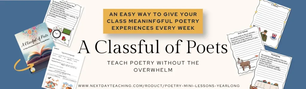 Some sample pages from A Classful of Poets including poems about arctic animals, Thanksgiving, and Veteran's Day along with a worksheet on literal vs. figurative language