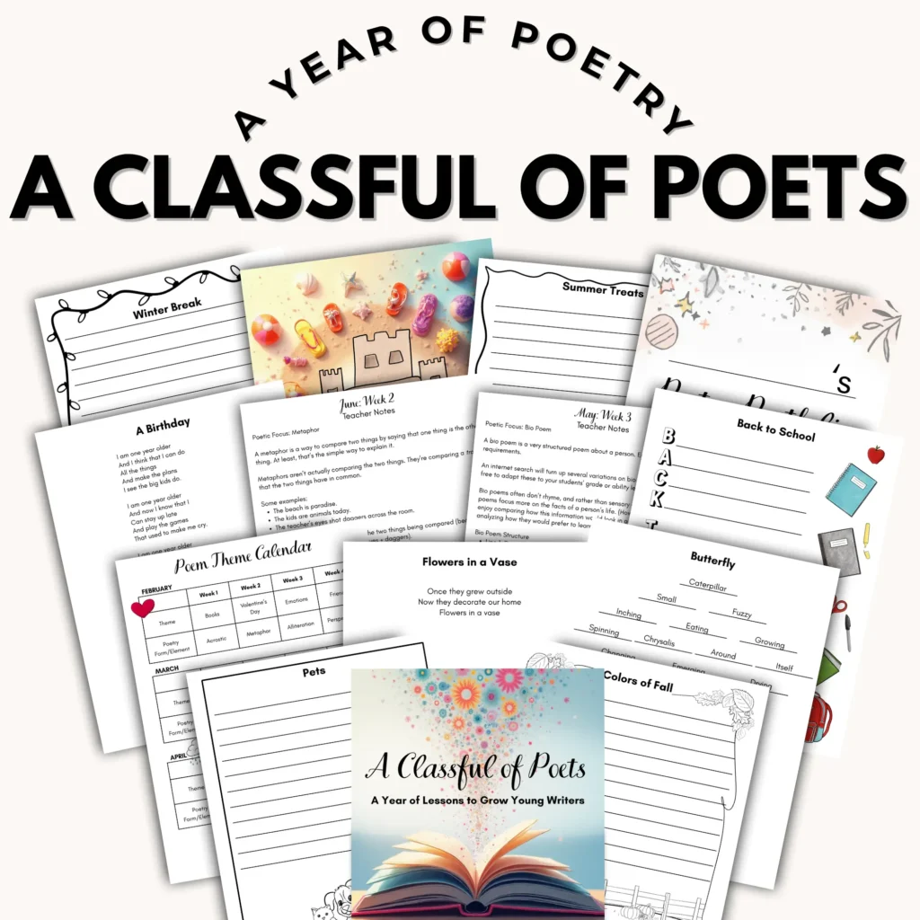 A spread of some sample pages from the yearlong Classful of Poets poetry mini-lesson set