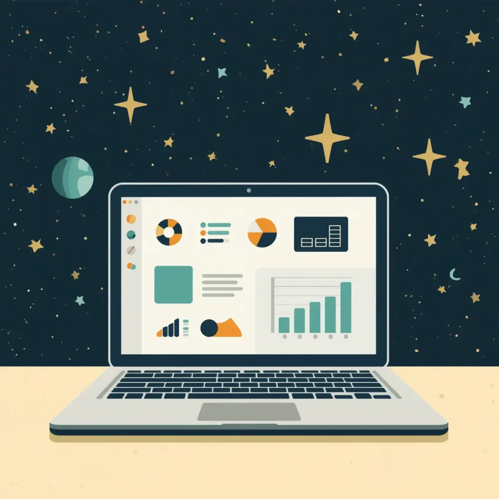 An AI-generated illustration of an open laptop with charts and graphs sitting on a light-colored desk in front of a background or stars and planets