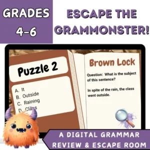 A mockup of a laptop showing one of the digital escape room slides featuring a question about the subject of a sentence and a cute orange monster and a magnifying glass