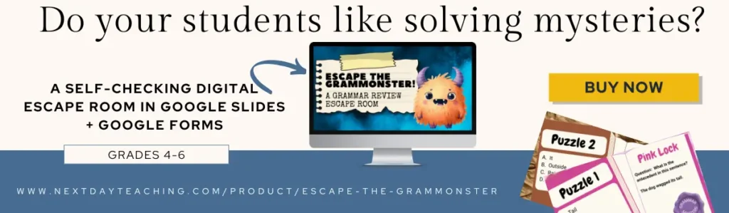 A banner featuring a digital grammar escape room with a cute orange monster and two sample lock puzzles