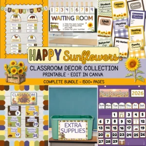 A sample of sunflower classroom decor found in the Happy Sunflowers collection including a sunflower birthday display, classroom waiting room sign, editable binder covers, sunflower classroom jobs signs, classroom labels, and a pocket chart calendar