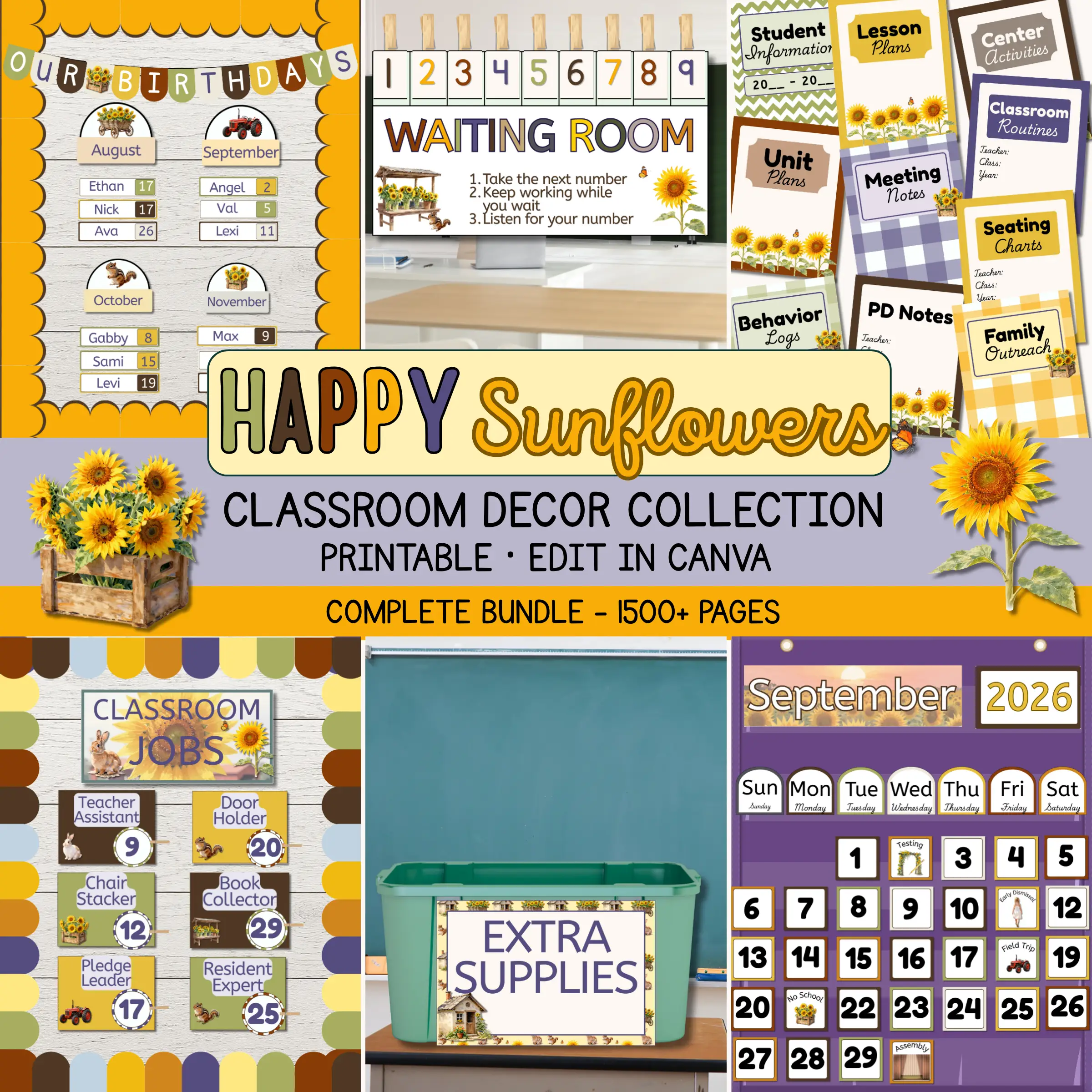 A sample of sunflower classroom decor found in the Happy Sunflowers collection including a sunflower birthday display, classroom waiting room sign, editable binder covers, sunflower classroom jobs signs, classroom labels, and a pocket chart calendar