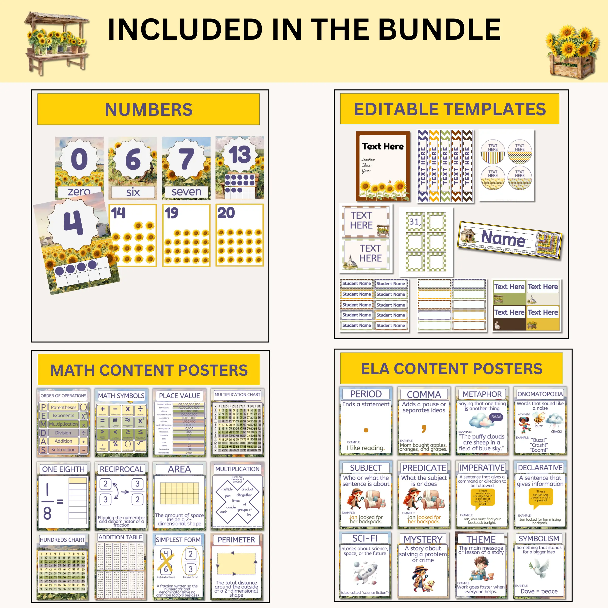 Sample products included in the happy sunflowers classroom decor bundle including number posters, editable templates, math content posters, and ELA content posters