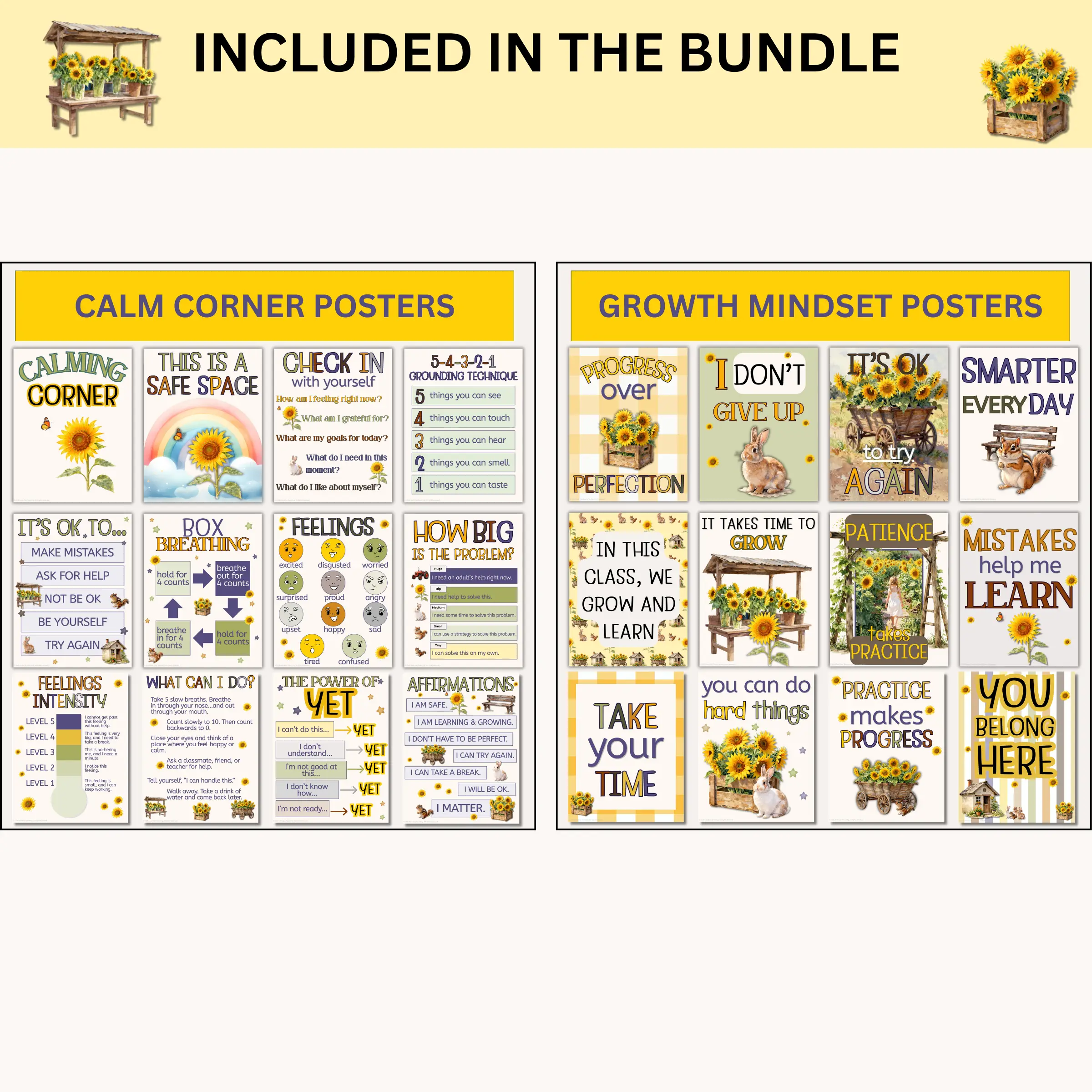 Sample products included in the happy sunflowers classroom decor bundle including growth mindset and calm corner posters
