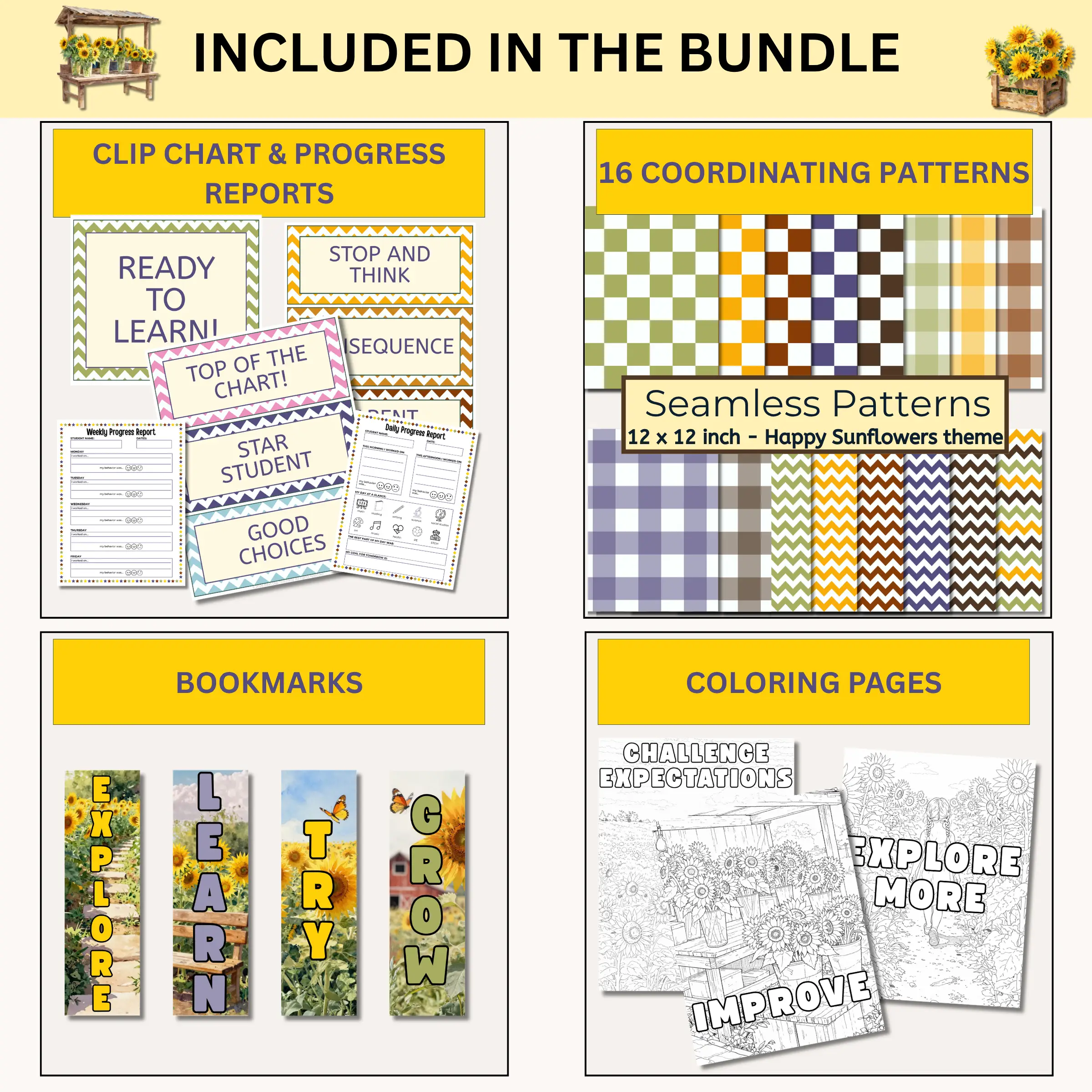 Sample products included in the happy sunflowers classroom decor bundle including clip charts, coordinating patterns, bookmarks, and coloring pages coordinated to match the happy sunflowers theme