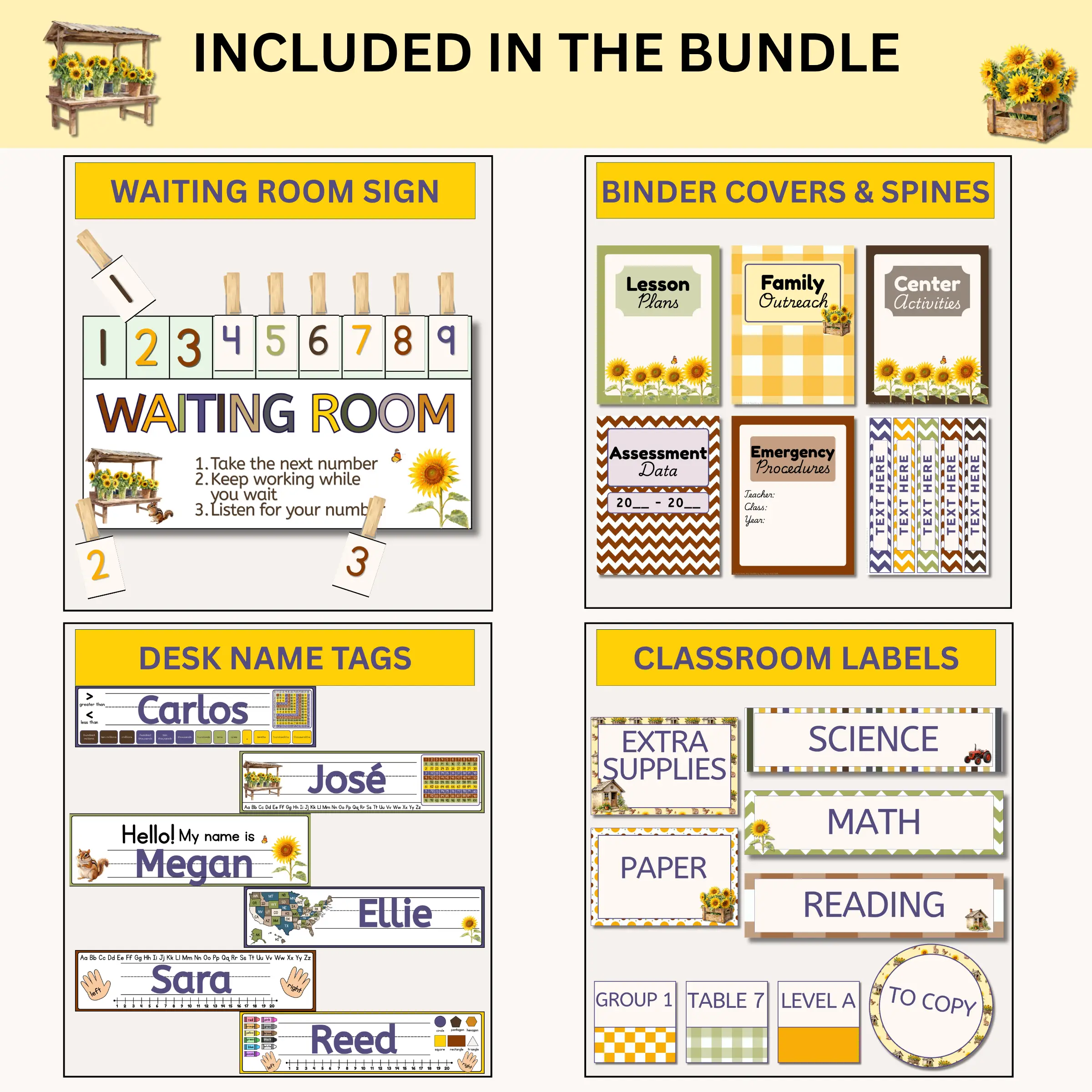 Sample products included in the happy sunflowers classroom decor bundle including a classroom waiting room sign, editable binder covers and spines, desk name tags, and classroom labels