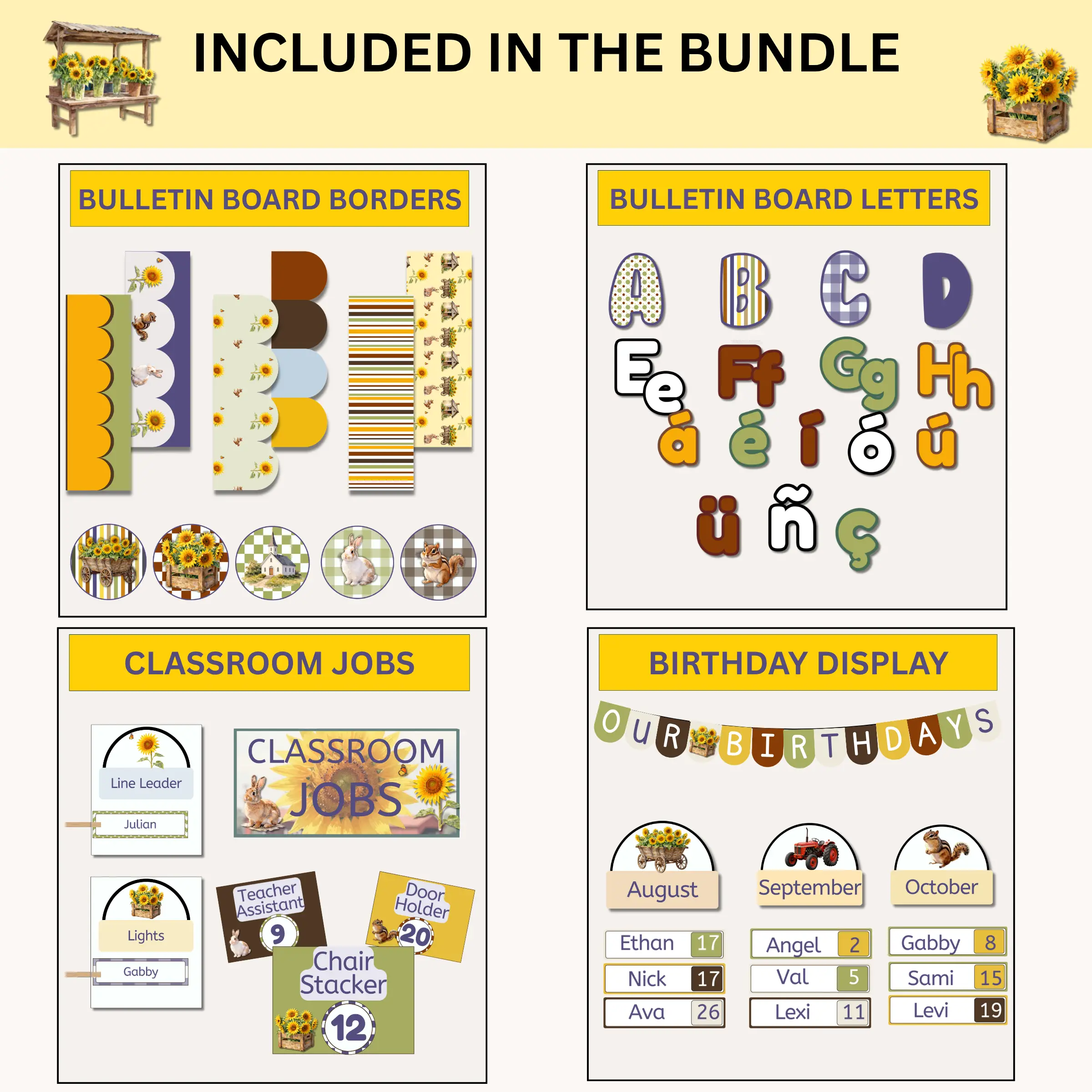 Sample products included in the happy sunflowers classroom decor bundle including bulletin board borders, bulletin board letters including special characters and letters, classroom jobs, and a birthday display
