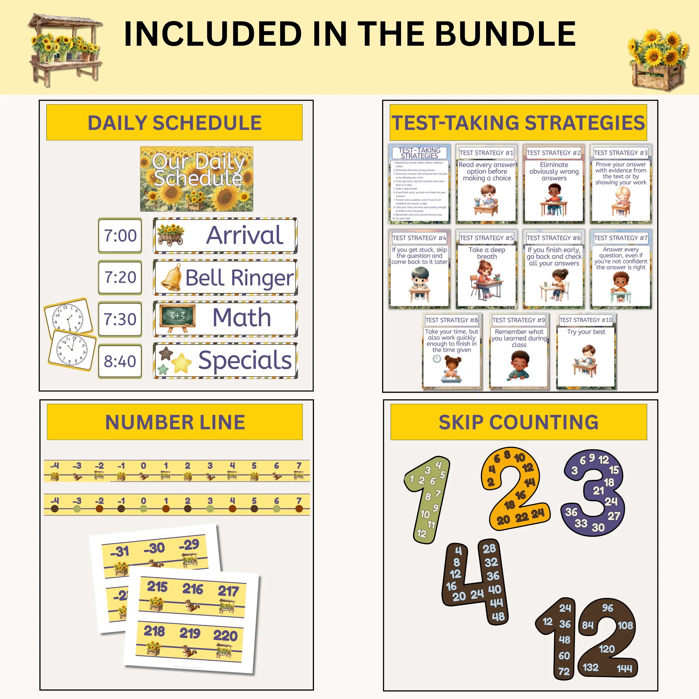 Sample products included in the happy sunflowers classroom decor bundle including a daily classroom schedule, test taking strategies posters, a sunflower number line, and skip counting posters