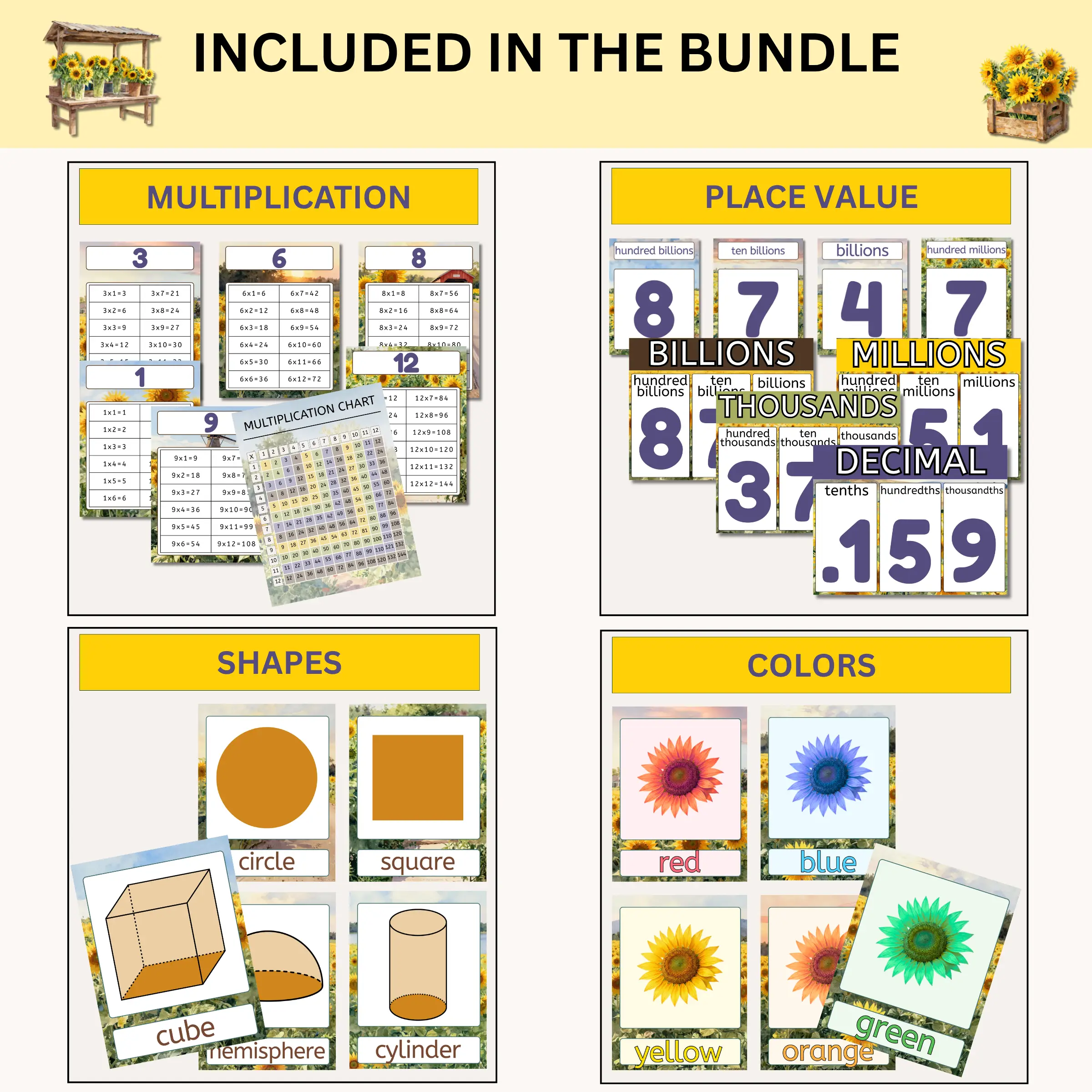 Sample products included in the happy sunflowers classroom decor bundle including multiplication charts, place value posters, shapes posters, and colors posters