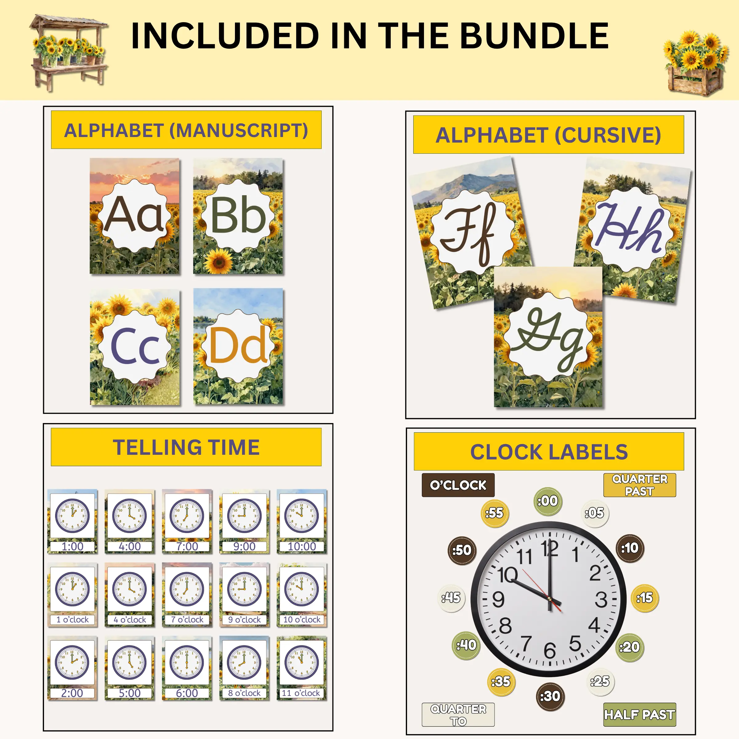 Sample products included in the happy sunflowers classroom decor bundle including manuscript and cursive alphabet posters, clock labels, and time posters