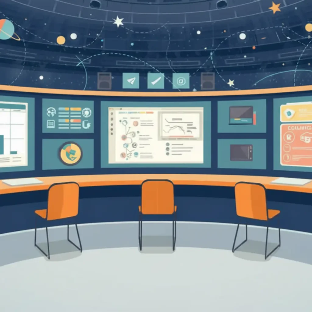 An AI-generated illustration of three orange chairs in front of a long curved desk with monitors below a clear dome showing outer space with stars, planets, and vector lines