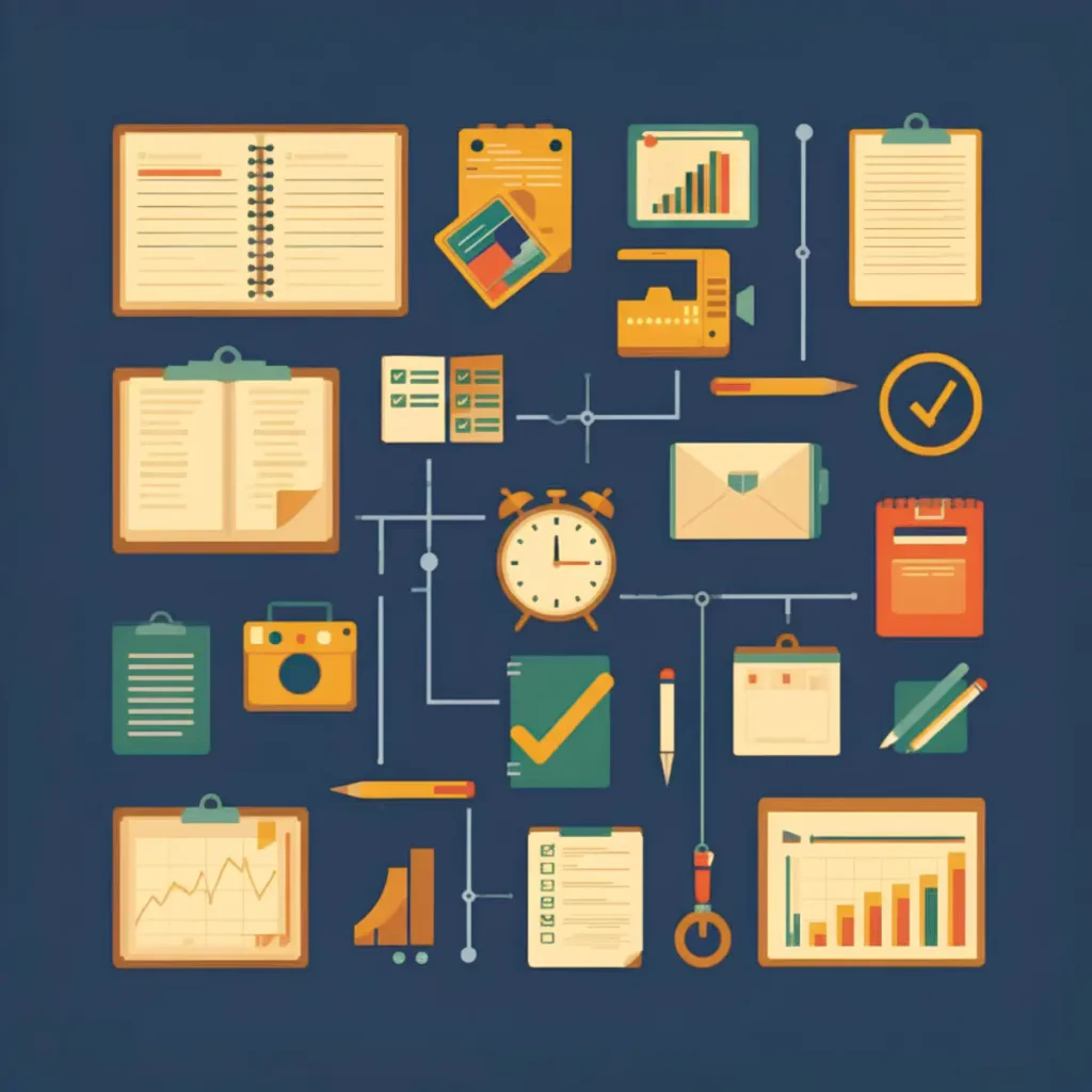 An AI-generated illustration of an array of notebooks, clipboards, pencils, checklists, clocks, and other tools frequently used by teachers