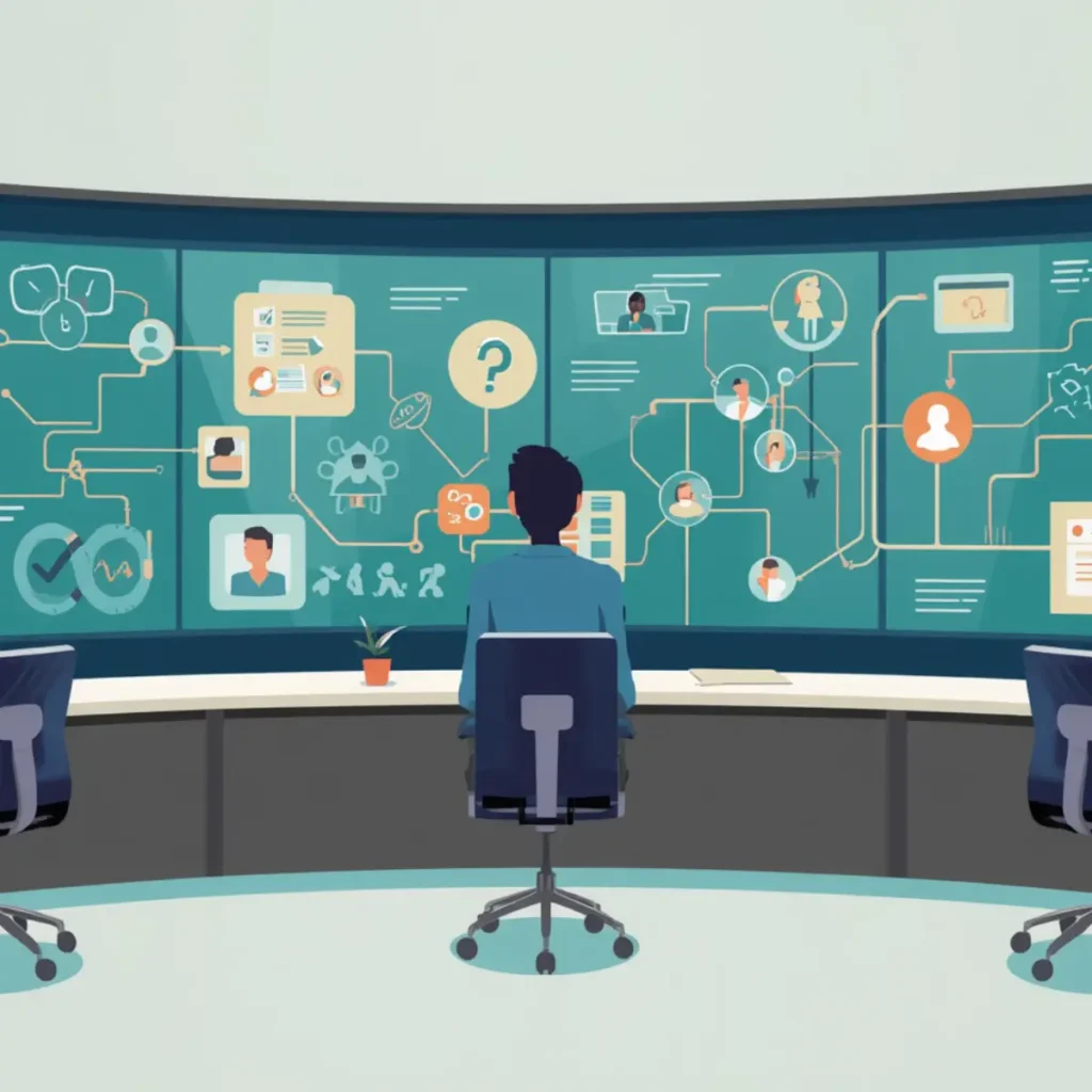 An AI-generated illustration of a person sitting at a desk in front of a long screen with faces and lines connecting them