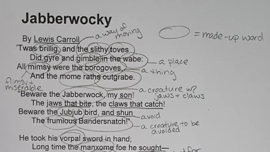 Annotations on the poem "Jabberwocky" showing an accommodation to allow struggling readers to access difficult text