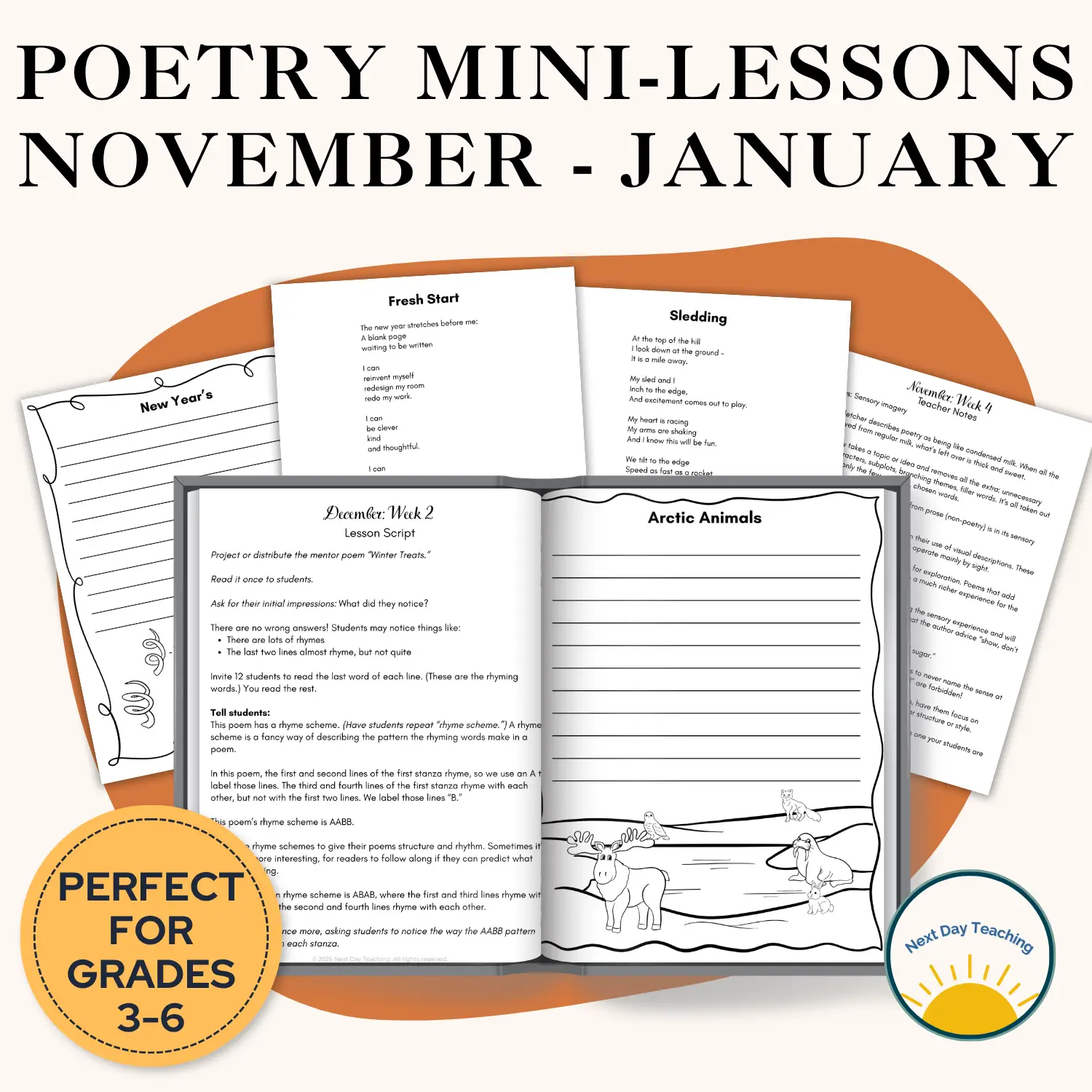 A spread of pages for teaching poetry with poetic devices