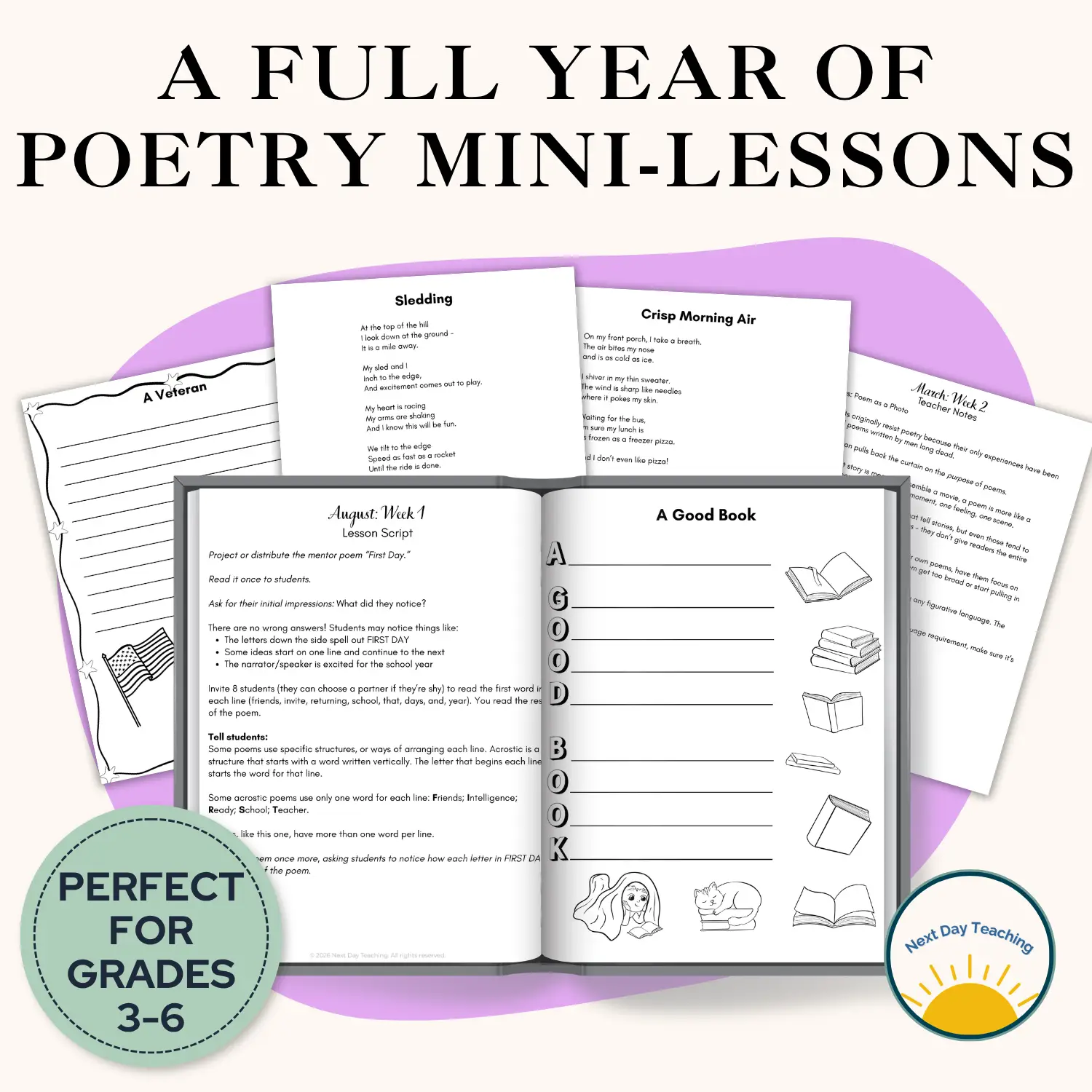 A spread of pages for teaching a yearlong poetry curriculum for grades 3-6
