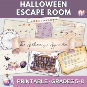 A spread of pages from the printable Halloween escape room for grades 5-8