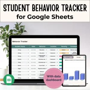 Student behavior tracker spreadsheet with sample data on a laptop and student data dashboard with sample data displayed on a tablet