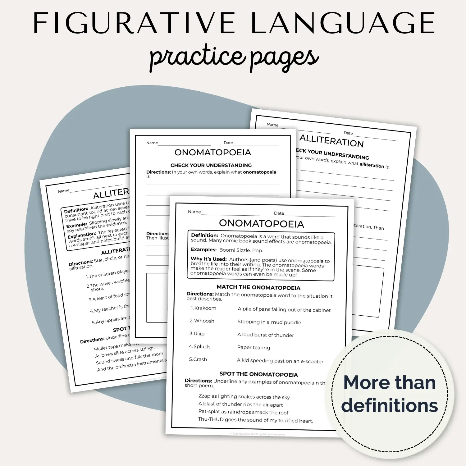 A spread of figurative language practice pages including onomatopoeia and alliteration showing that the pages include more than just definitions